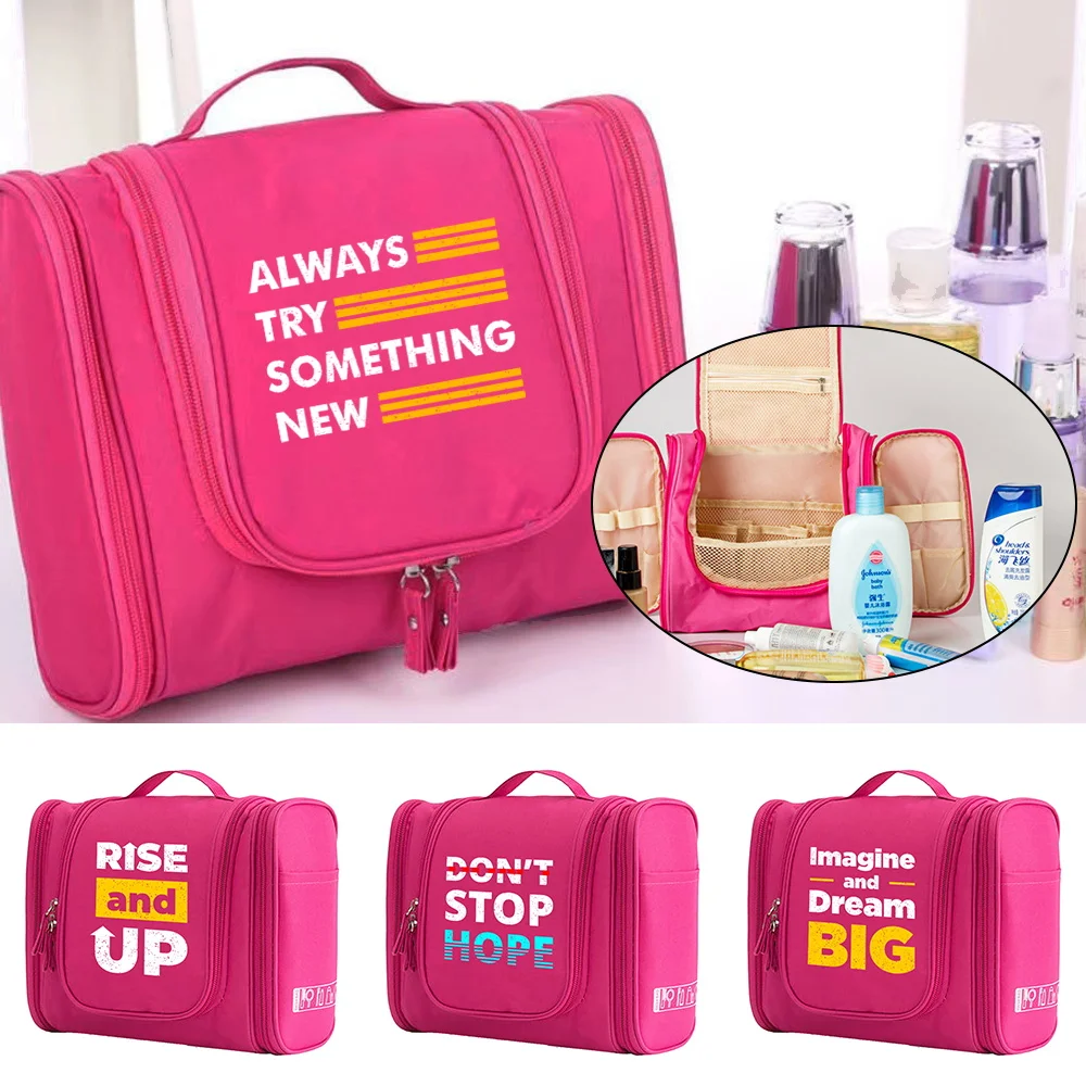 MakeUp Bag Hand Bag Cosmetic Bags Storage Make Up Case Women Wash Pouch Hook Up Travel Toiletry Accessory Organizer Phrase Print