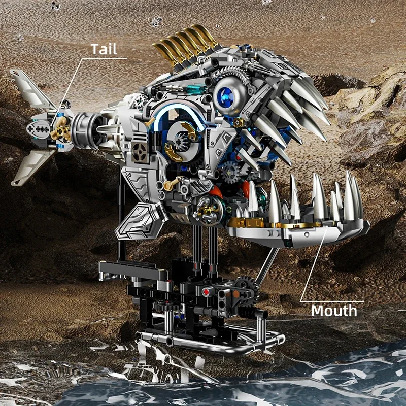 2025 اللبنات التقنية الميكانيكية سمكة البيرانا تجميع عالم الحيوانات البحرية الطوب نموذج لتقوم بها بنفسك لعب للأطفال هدية عيد ميلاد