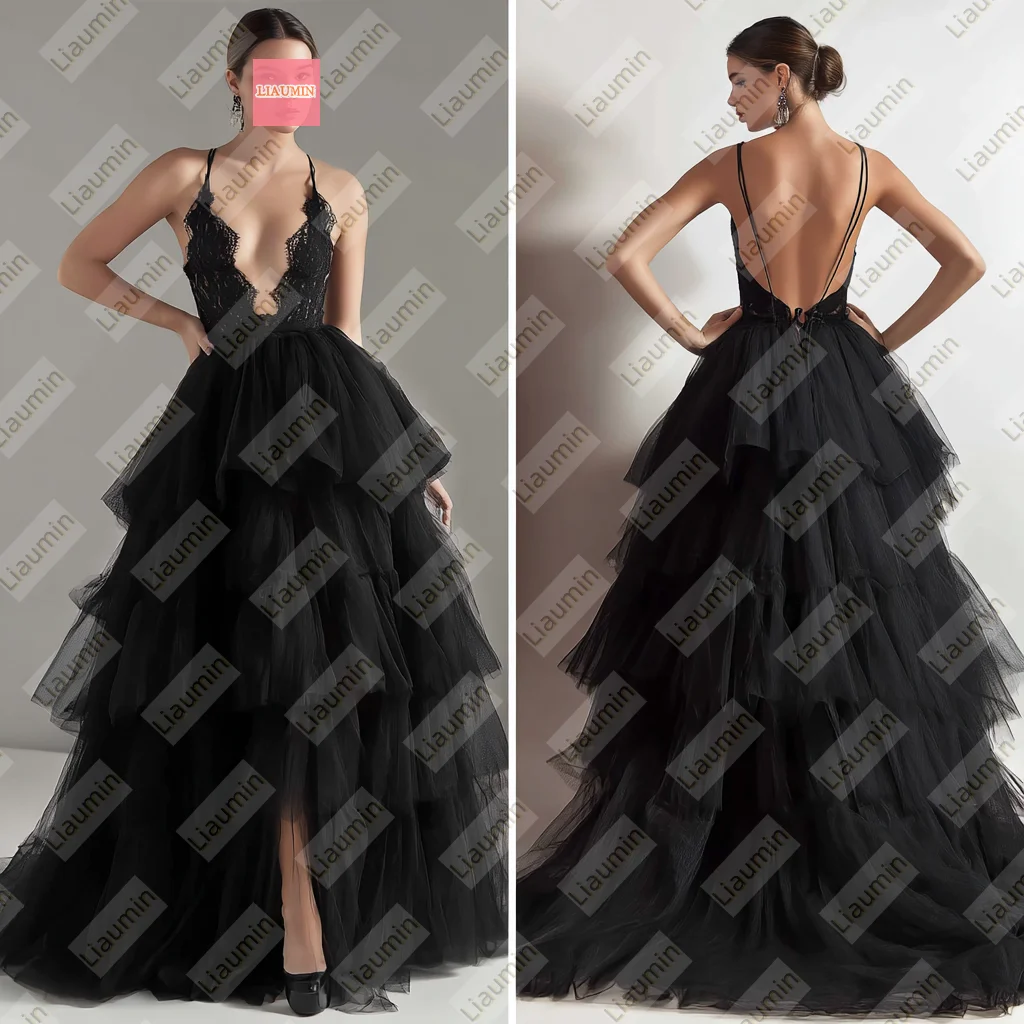 

Sexy Black Tulle Lace Applique With Strap Backless Full Length Evening Wedding Formal Prom Dresses Customized Hand Made W20.3.4