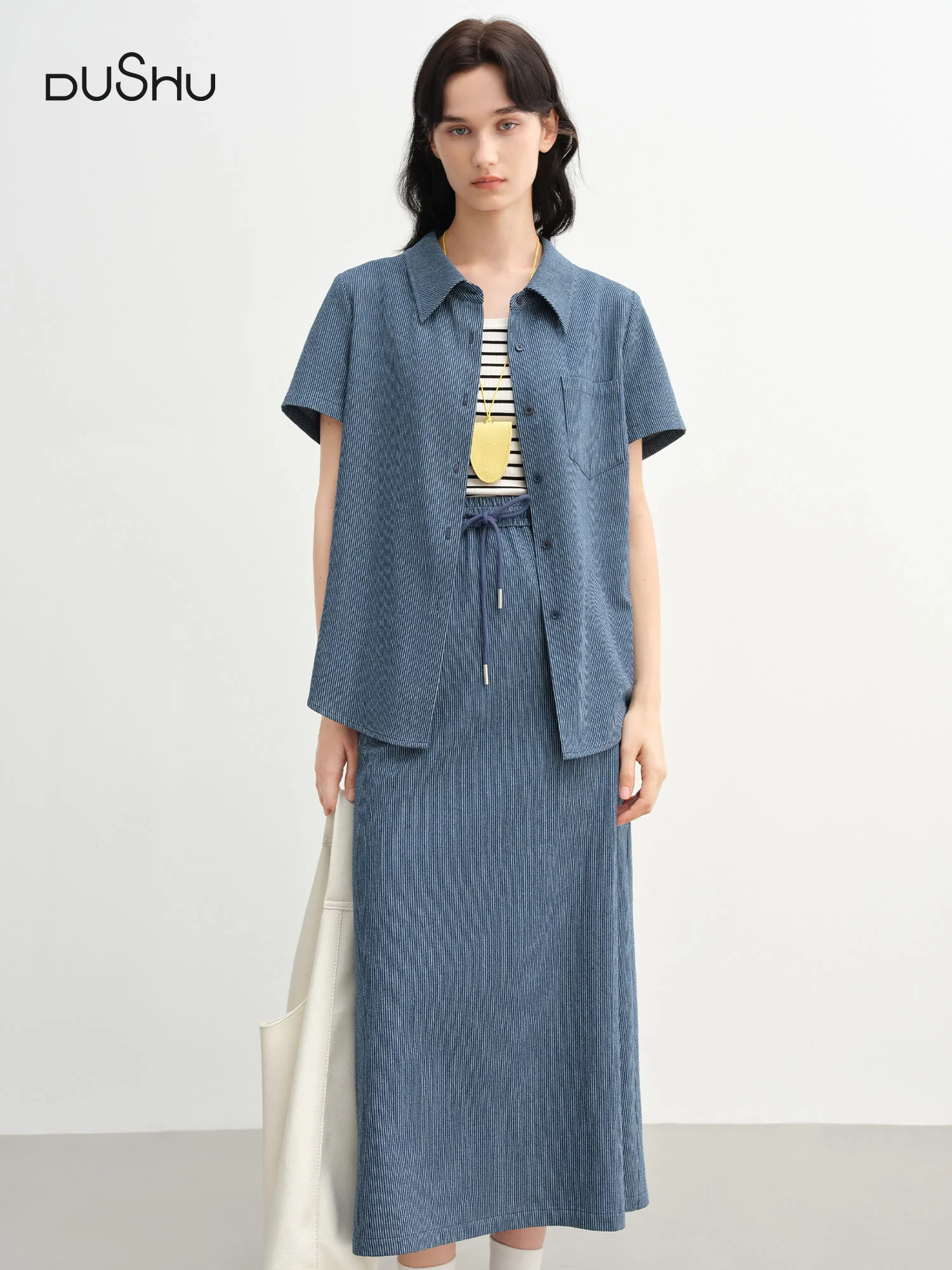 

DUSHU Minimalist Style Loose Striped Short-sleeved T-shirt Skirt Set for Women 2025 Summer New All-match Casual Vacation Wear