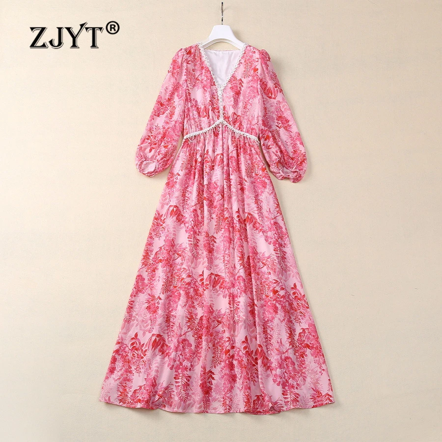 

ZJYT Womens Dresses Summer 2024 Fashion V Neck Pearls Print Pink Midi Dress Holiday Vacation Vestidos Feminino Elegant Robes