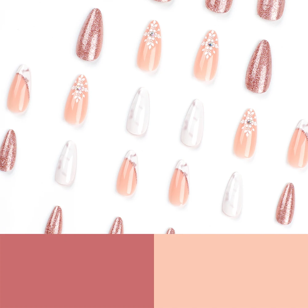 JP2807 QTCJ 24PcsFrench simple almond solid color glitter snowflake wearing nails Waterproof and removable