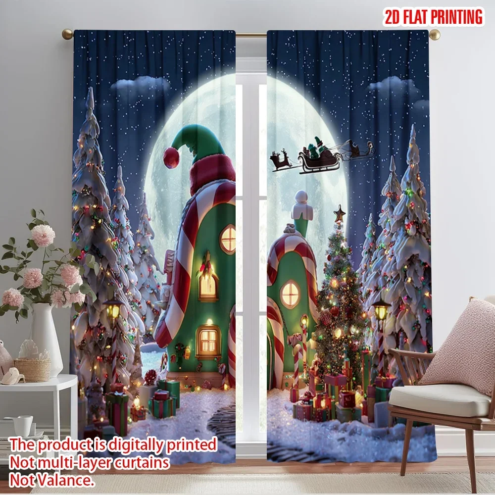 2pcs,2D plane printing Creative Curtains Christmas Elf House Durable 100% Polyester Fabric (without rod) Decorations For Home