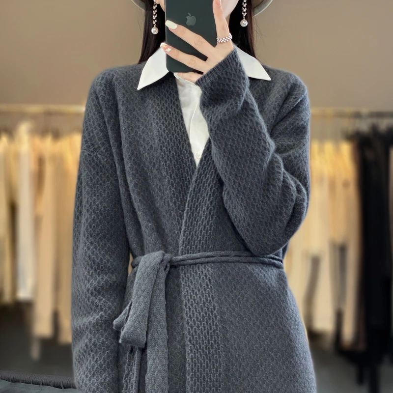 100% Merino wool autumn and winter new women's sweater V-neck long cardigan Korean version thick warm knit long sweater