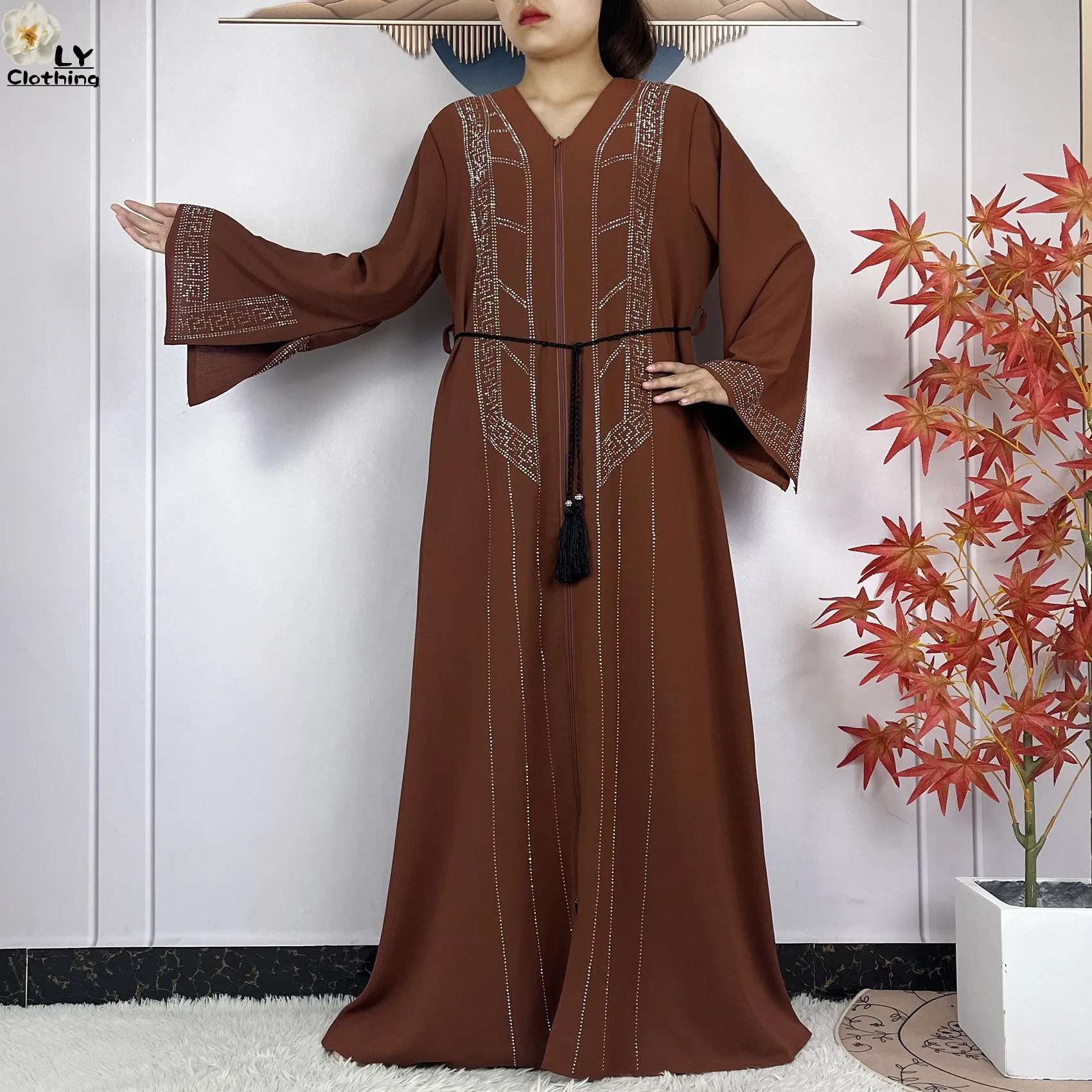 2024New Women Elegant Dress Dubai Abaya Long Sleeve Chiffon Islamic Clothing Muslim Women Robe Open African Abaya Casual Dress