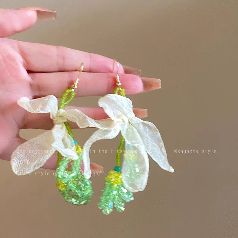 Green Island Beaded Flower Earrings Women Summer for Women, Lightweight Tassel Dangle Style, Daily Party Vacation Date Weekend