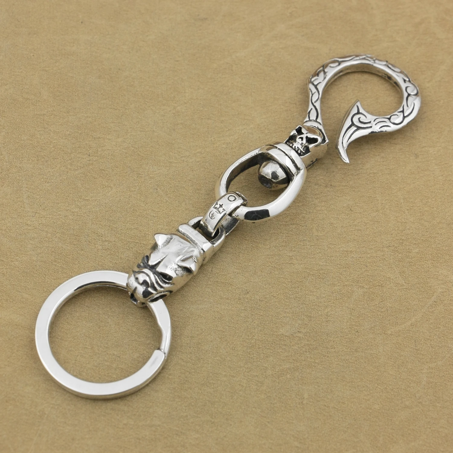 Bulldog Dog Cross KeyRing 925 Sterling Silver Biker Hook KeyChain Punk DIY Accessory 8B008KC