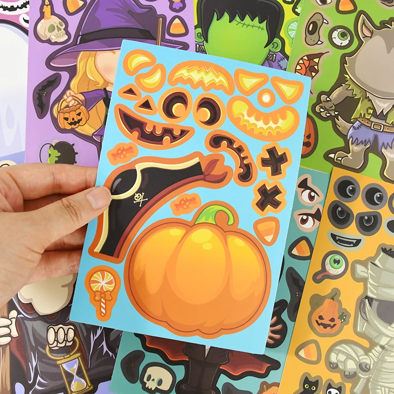 8/16Sheets Halloween Make a Face Puzzle Sticker Kids Party Favors Gift Toy DIY Pumpkin Ghost Assemble Jigsaw Educational Game