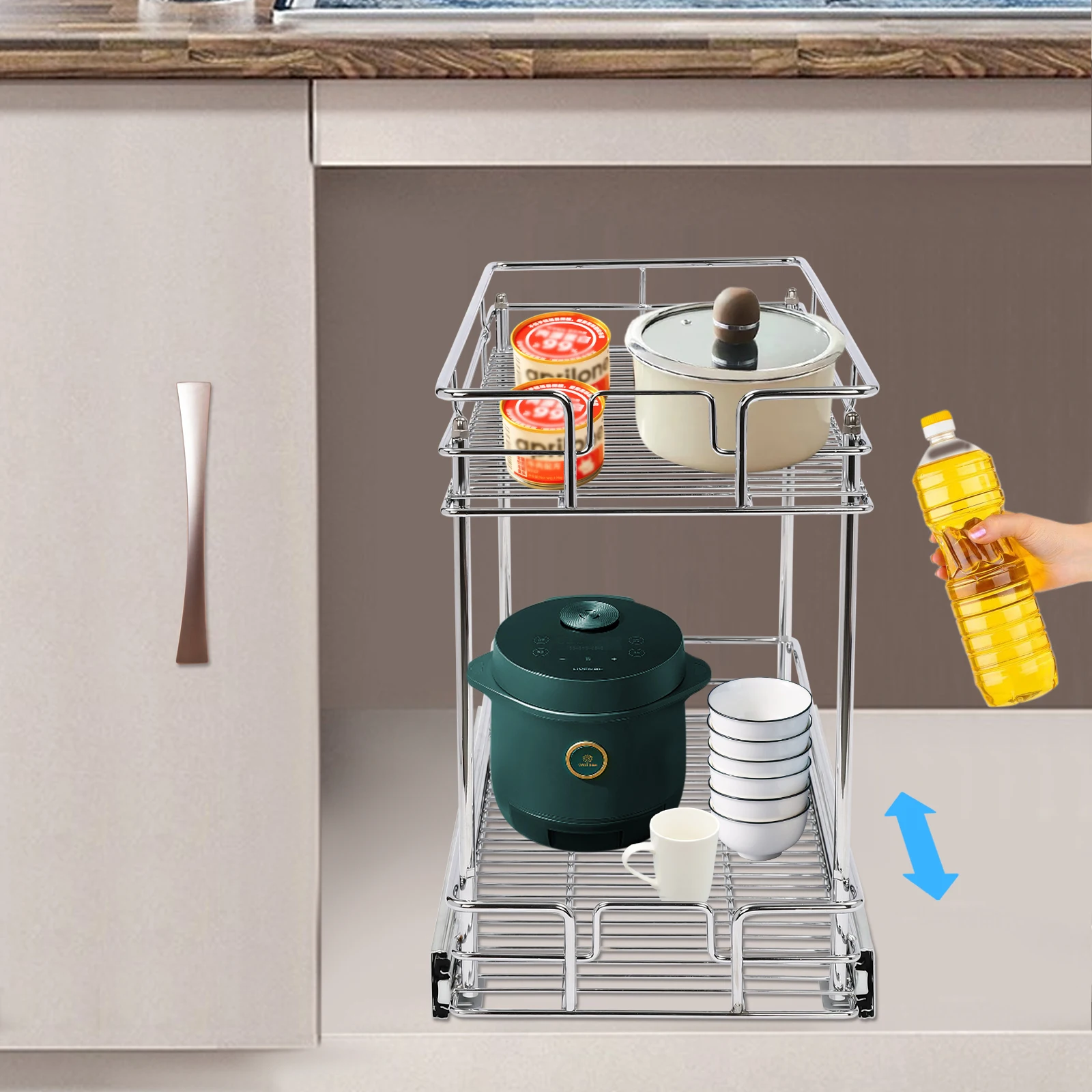 

10.5" W*21.5" D Silver 2-layer Cabinet Storage Basket Large-capacity Organizer Pull-out Storage Rack Used in Kitchens
