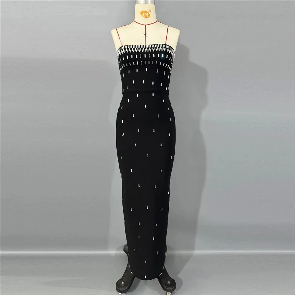 セクシーなストラップレスブラックグリッターラインストーンボディコン包帯ロングドレスノースリーブセレブイブニングパーティー誕生日プロムクラブガウン