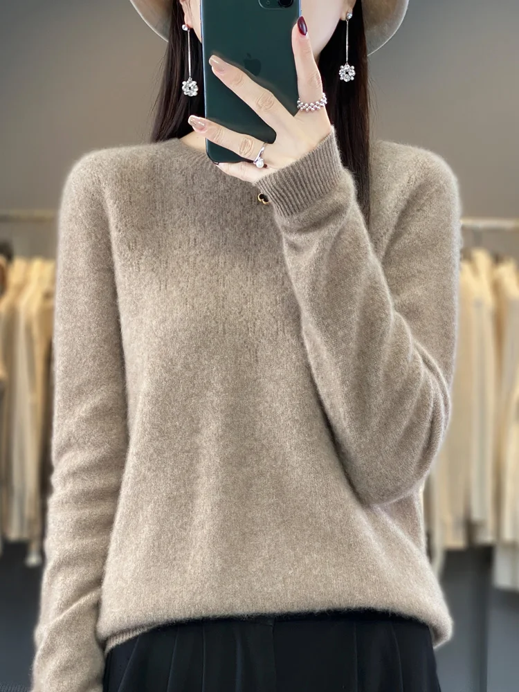 2024 New Autumn Winter Women Merino Wool  Sweater Hollow Out O-Neck Solid Pullover Knitwear Casual Basics Cashmere Clothing Tops