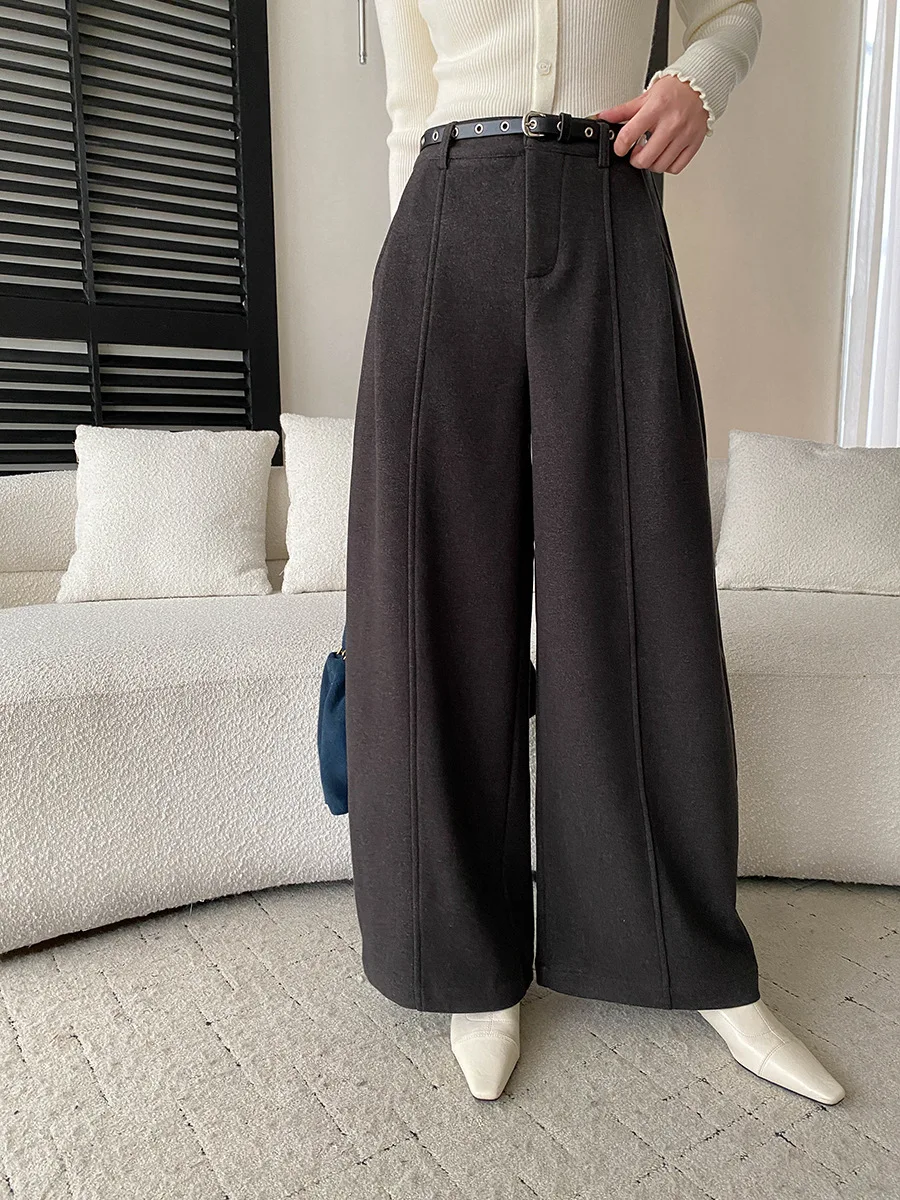 

Женские однотонные висячие брюки с завышенной талией, поясом на талии и плюшевыми повседневными широкими брюками