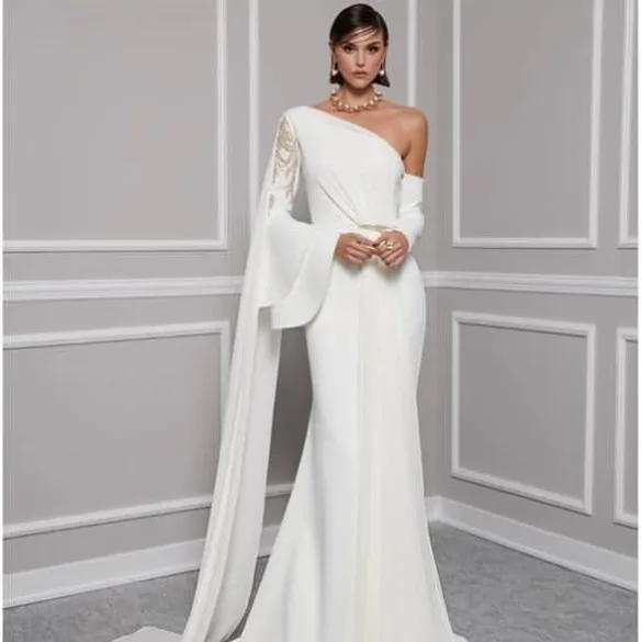 

Meetlove Customized One-the-shoulder White Mermaid Floor Length Prom Dresses Full-sleeves Crystal Shawl Party Gowns For Women