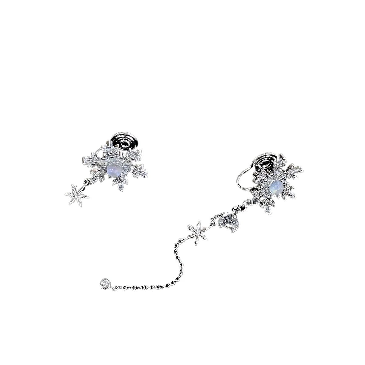 

Zircon snowflake moonstone earrings, asymmetrical fringed high-end light luxury earrings.