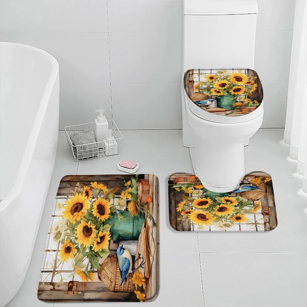 Sunflower Farmhouse Bath Mat Set Countryside  Autumn FLowers Birds Butterfly Floral Bathroom Decor Home Carpet Toilet Seat Cover