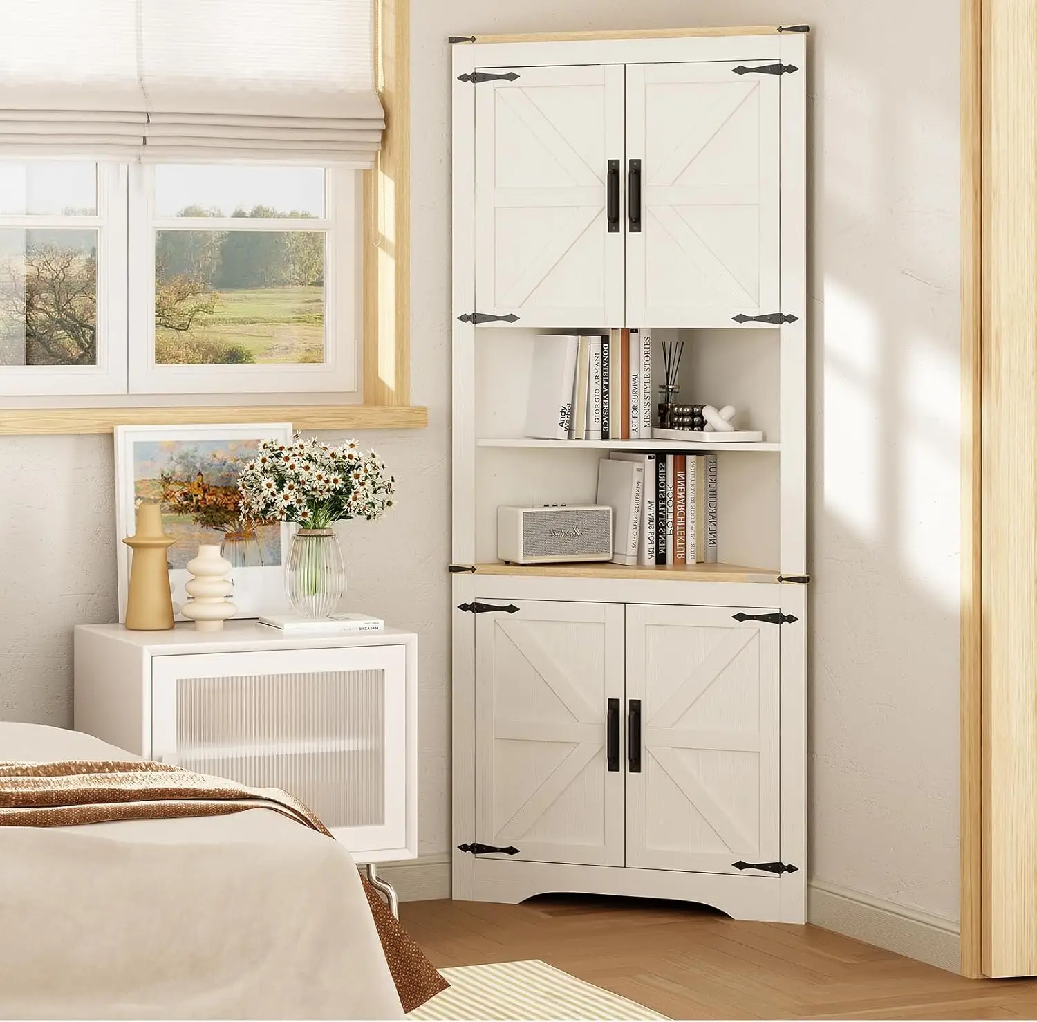 70.5''Tall Corner Cabinet, Farmhouse Storage Cabinet with Barn Door Design & Adjustable Shelves for Bathroom Living Room