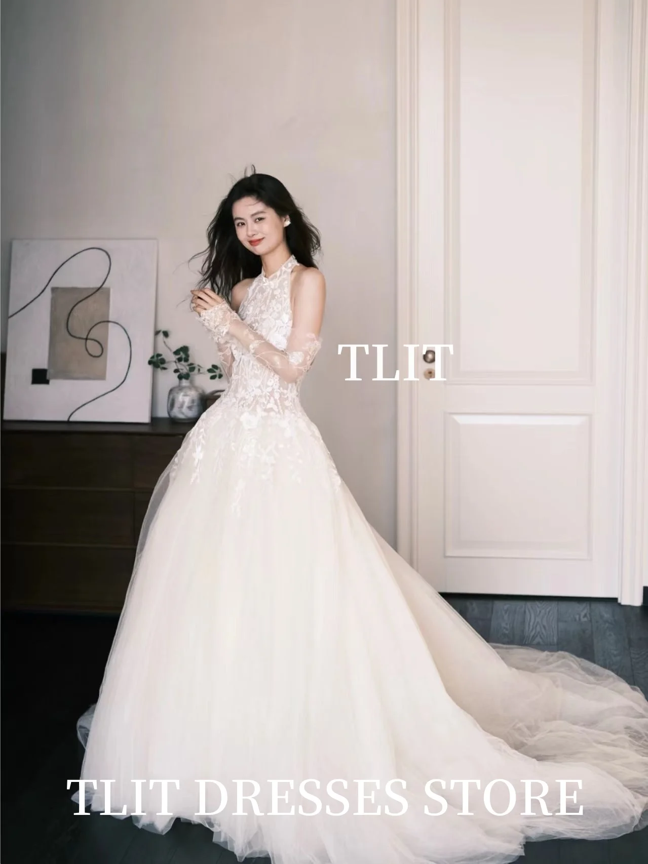 TLIT 2025 فستان زفاف أنيق من الدانتيل العاجي رسن تول بدون أكمام زي العرائس فستان زفاف كوري لالتقاط الصور حسب الطلب