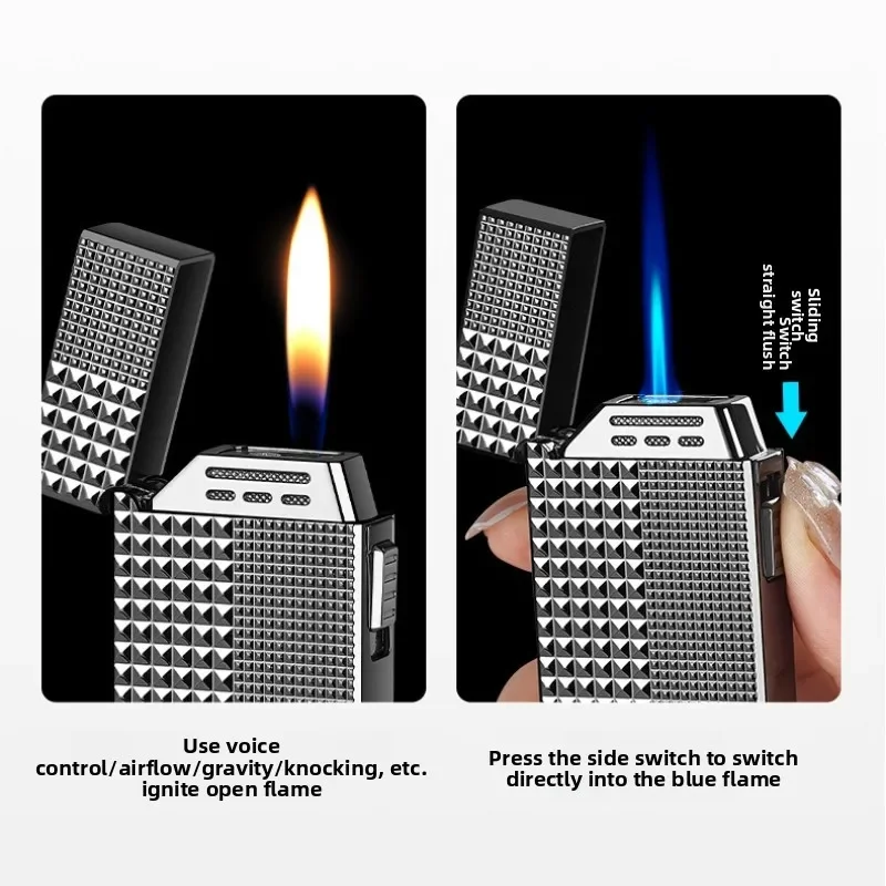 

Металлическая интеллектуальная газовая зажигалка с голосовым управлением, газовая и электрическая интеграция, открытое пламя + прямой смыв
