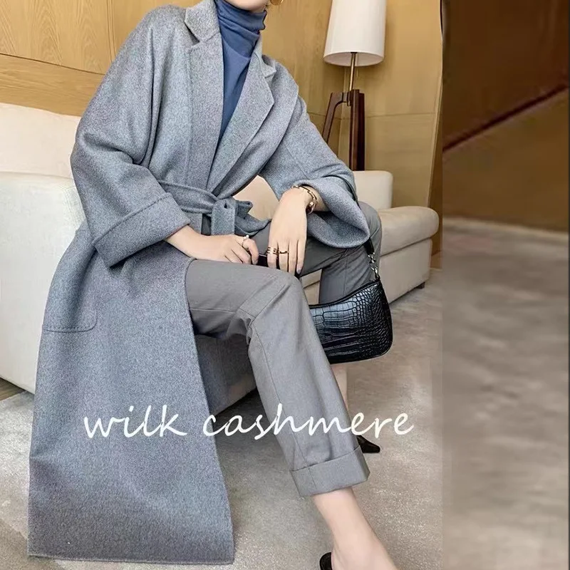 2024 Popular High End Water Ripple Double-sided Wool Coat Women Long Bathrobe Style Autumn Winter Jacket Coat  Female Luxury