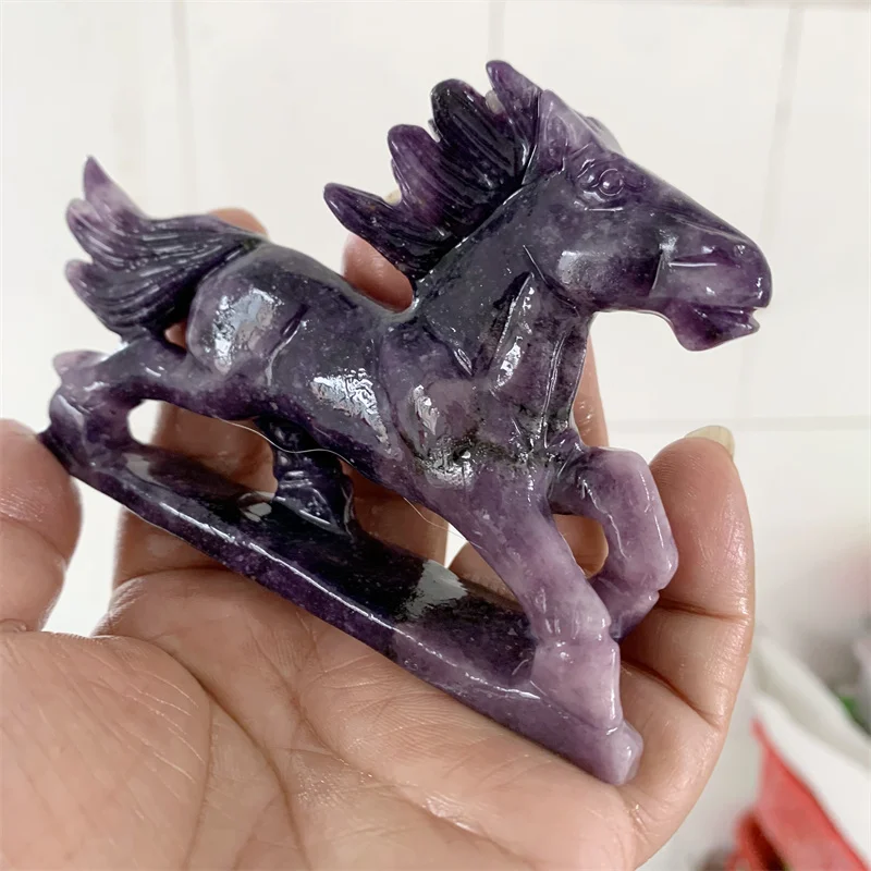 

Натуральный высококачественный лепидолит, Хрустальный лошадь, резьба, животное, исцеление, статуэтка, украшение для дома, 1 шт.