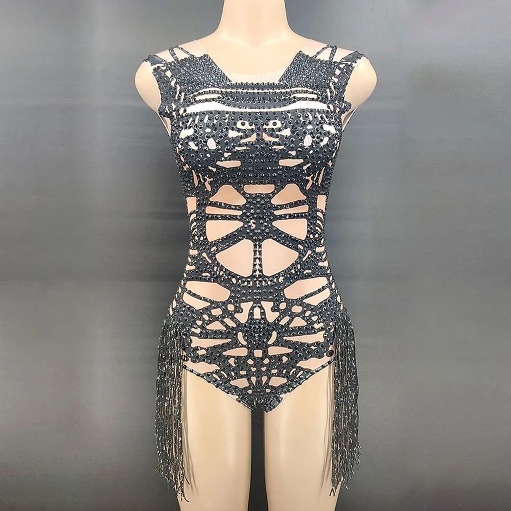 Customized New Tassels  Mesh Lace Tassels High Elastic Short Sleeve Sequins SexyTight Jumpsuit Party Dress Stage Performance