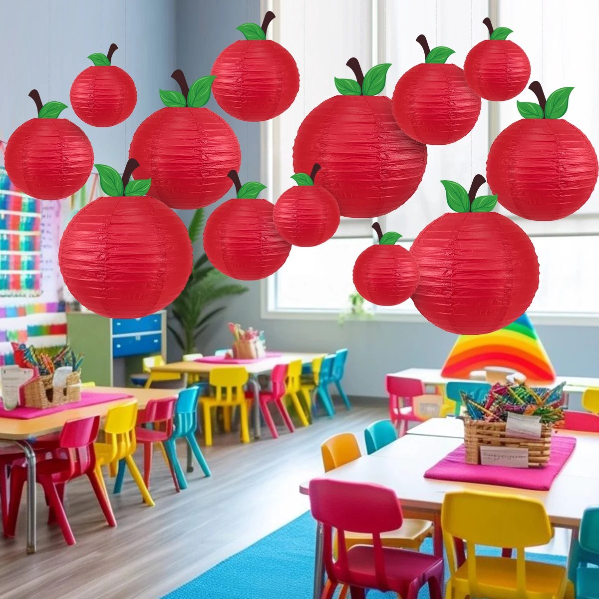 4 Stück/Set 3D rote Apfel-Papierlaternen, Schulanfang-Thema, hängende Ornamente, Hintergrund für Kinder, Schulparty-Dekoration – Detail 4