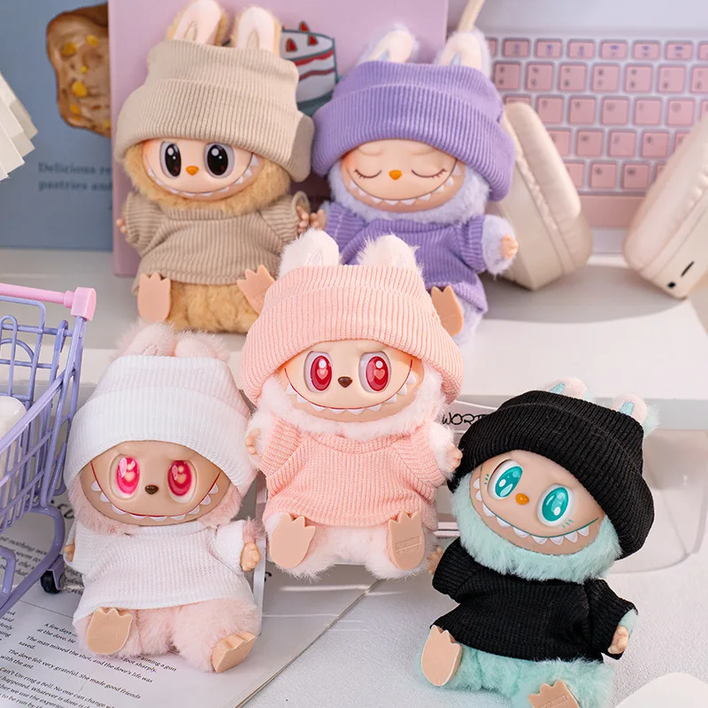 

17cm Labubu Sitting Party Doll Clothes Macaron Style Fashion Outfit Two Piece Set with Multi Color Hats Vinyl Figure Costume