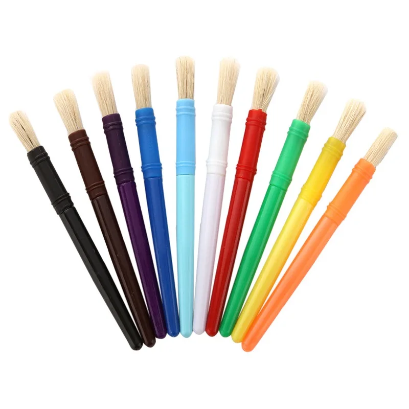 10pcs Round Children Hog Bristle Tempera Paint Brush Set Fun Kids Party School Student Class Craft Painting for Beginner Artist