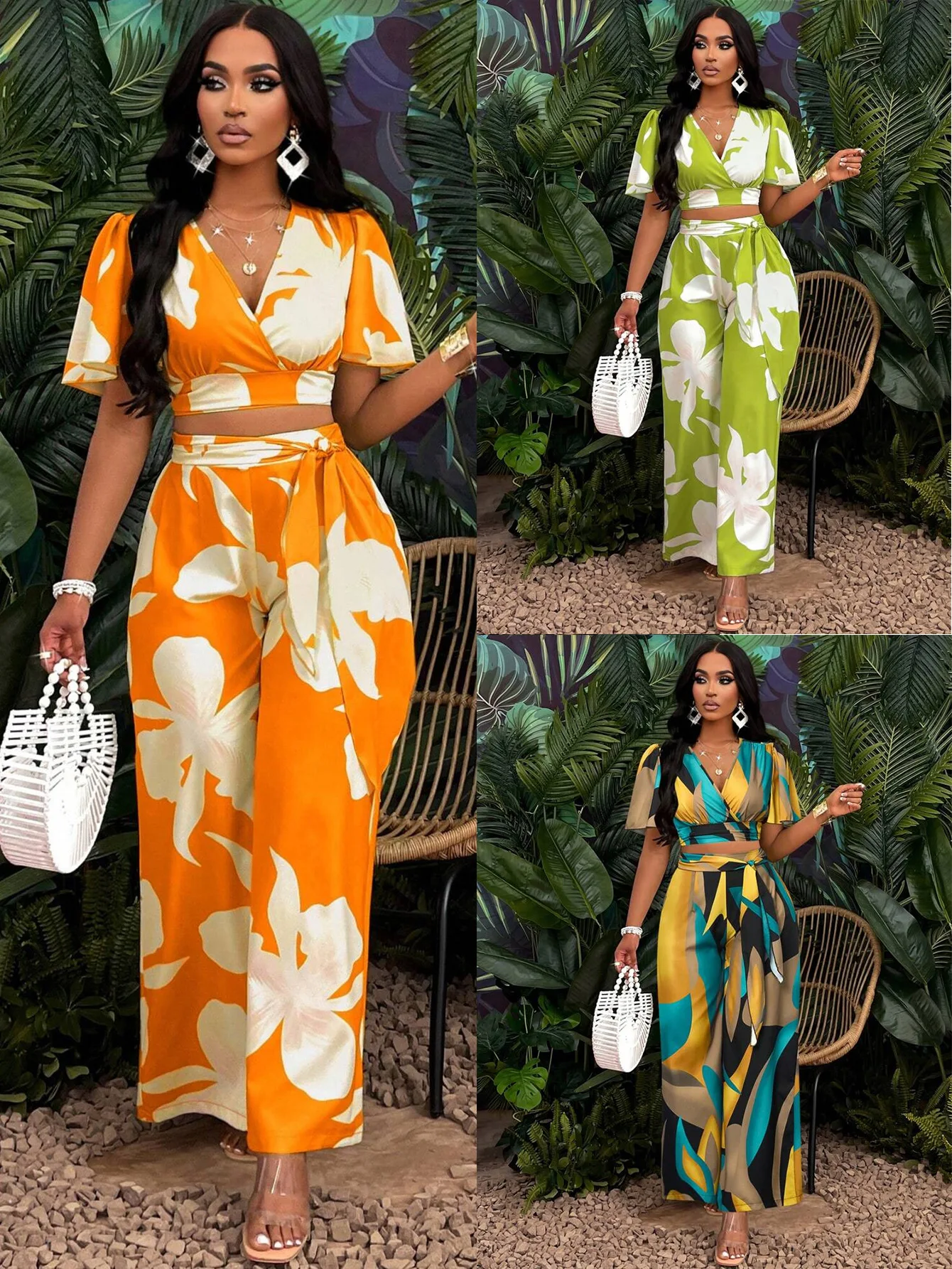 

Women's Vacation Boho 2 Piece Outfit 2026, Tropical Print Ruched Sleeve Top & Tie Waist Wide Leg Long Pants Set