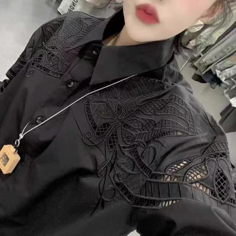 

High-end Hollow Out Embroidery Cotton Black Shirts Blouses For Women 2025 Spring Long Sleeve Loose Casual Single Breasted Tops