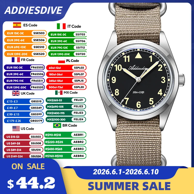 

ADDIESDIVE Luxury Quartz Watch For Men New 36mm AR Coated Bubble Glass Luminous 100m Waterproof Stainless Steel Men AD2079