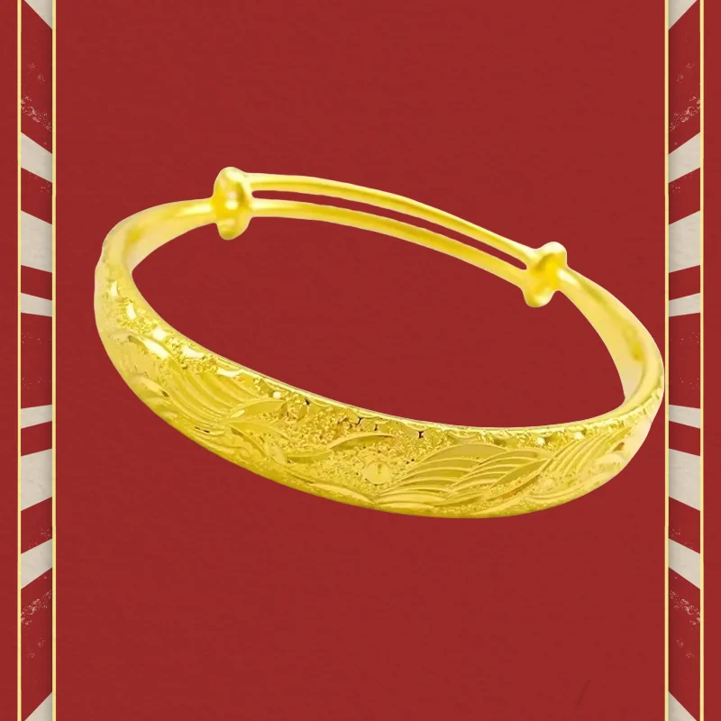 

9999 Real Gold 24K Thickened Weighted Frosted 10n Wedding Dragon and Phoenix Printing Push-pull 999 Bracelet Women's
