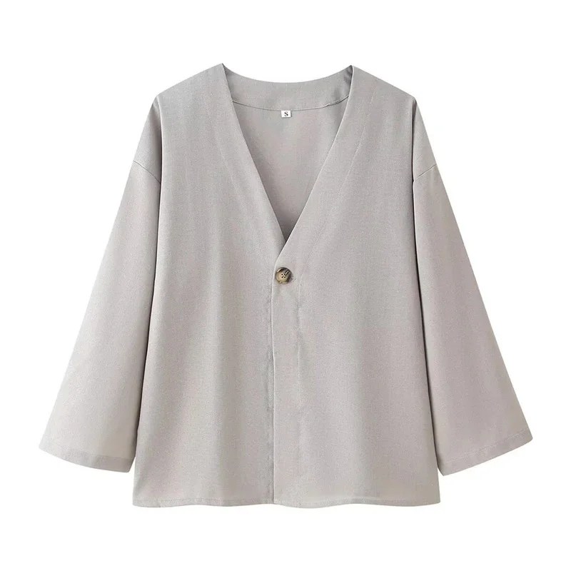 Fashion Half Bubble Sleeve V-neck One Button Shirt Sets Loose Cotton Linen High Waist Wide Leg Pant New Female Solid Casual Set