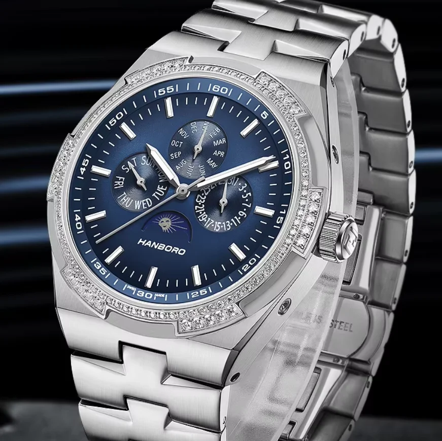 HANBORO Men Automatic Watch 42mm Mechanical Wristwatch Sapphire Mirror Waterproof Luminous Multi-Dial Month Week Date 24 Hours