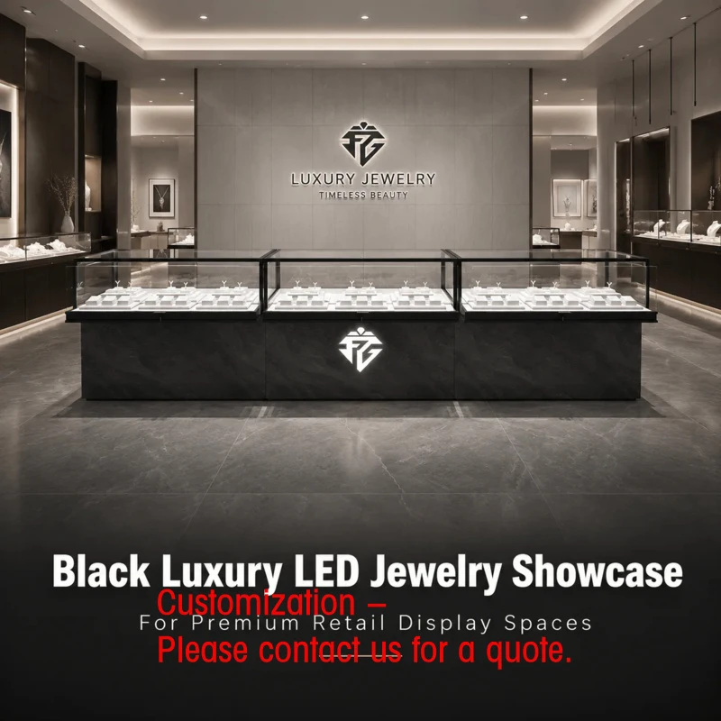 custom.Black Luxury Custom LED Lit Waterproof Jewelry Display Counter Wall Cabinet with Glass Back Retail