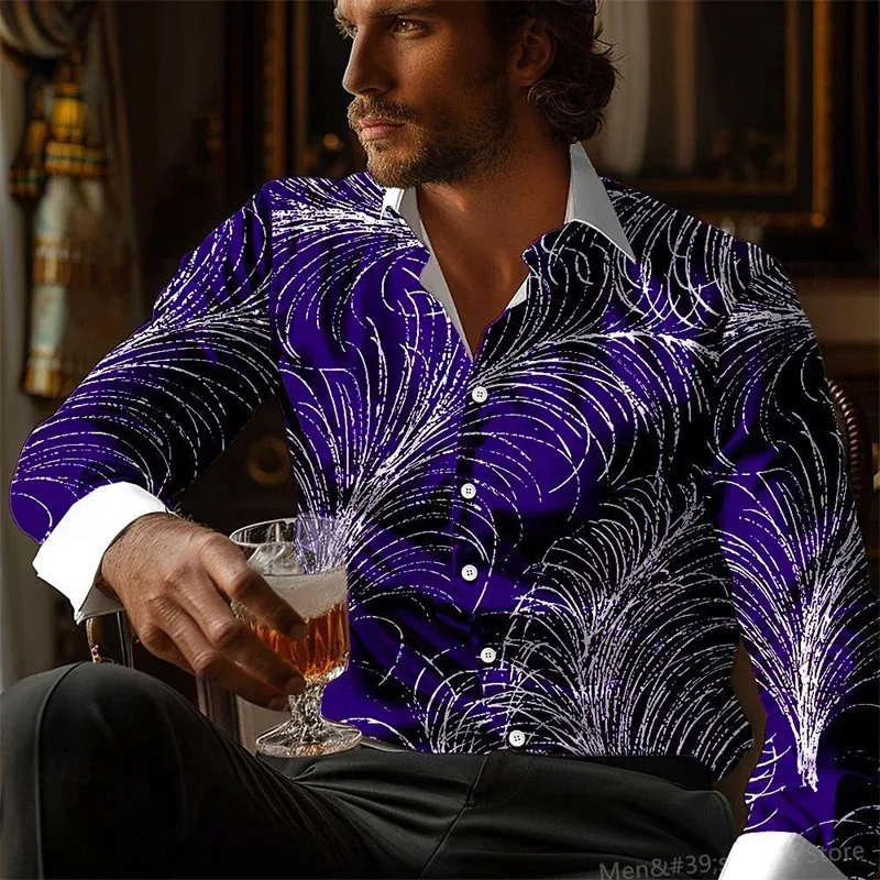 

Men's Linear Button Printed Shirt Long Sleeve Business Casual Holiday Party Street Spring Summer Lapel Shirt Violet Dark Blue