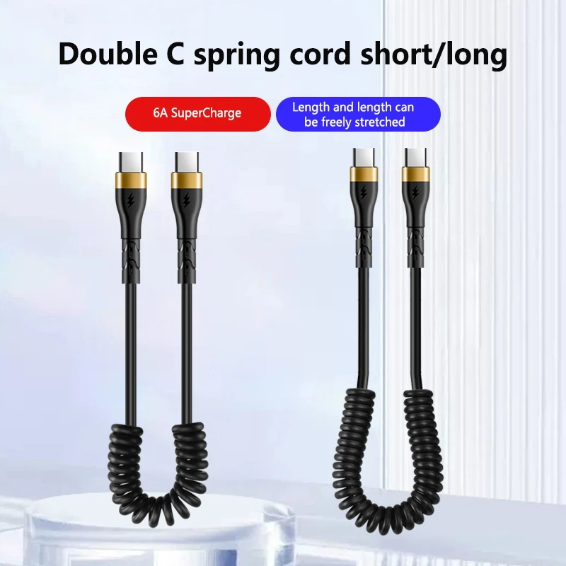 Universal 120W PD 5A Type C to Type C Spring Cable Fast Charging USB C Cord for Car Home iPhone 15 Xiaomi Samsung