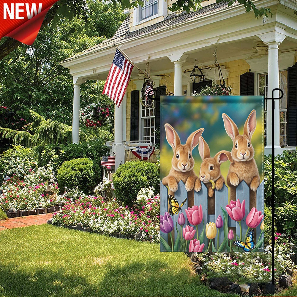 

1PC, Spring Garden Flag Cute Brown Bunny Rabbit Print Decorative Outdoor Flag with Tulip Butterfly Pattern Double Sided Yard Flag for Easter Spring Summer Garden Patio Lawn Porch Decorations Seasonal Outdoor Banner