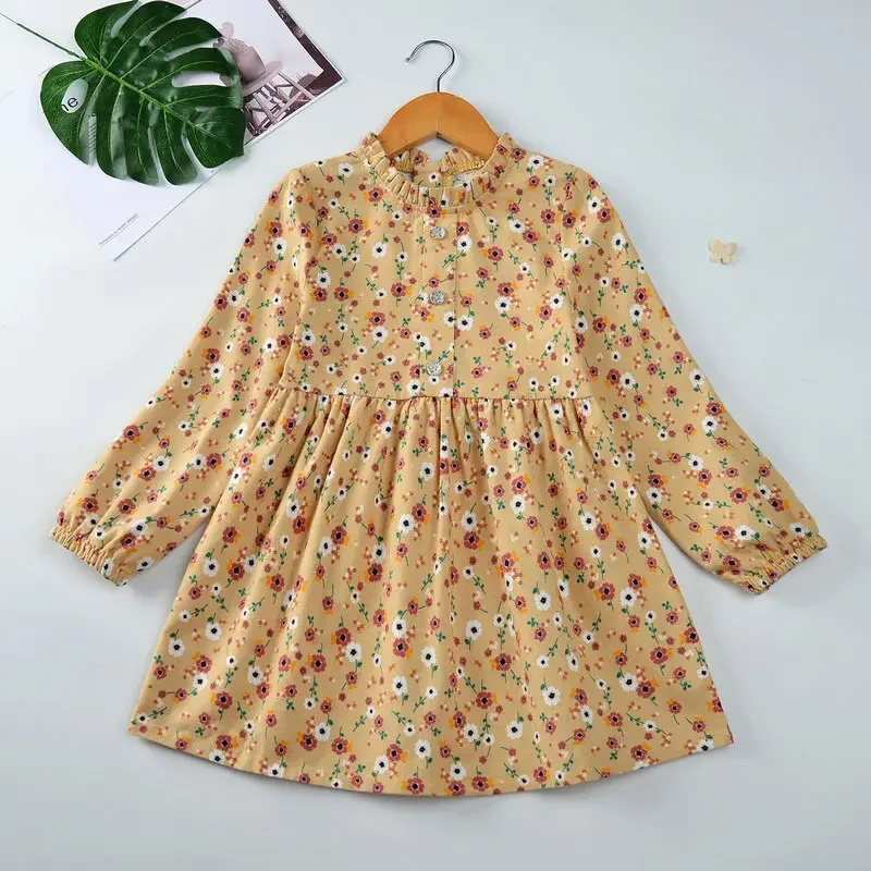 Vestido de princesa para niñas, primavera y otoño, novedad de 2024, ropa de manga larga de algodón con flores para niños, vestido de fiesta, disfraz