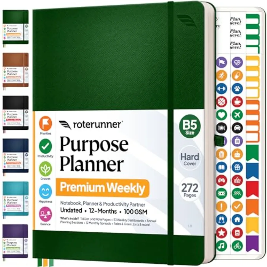 Purpose Planner Notebook B5 7.5"x9.8" 12 Month Undated 2026 Daily Weekly and Monthly Productivity Goal Setting Tool for Work Ho
