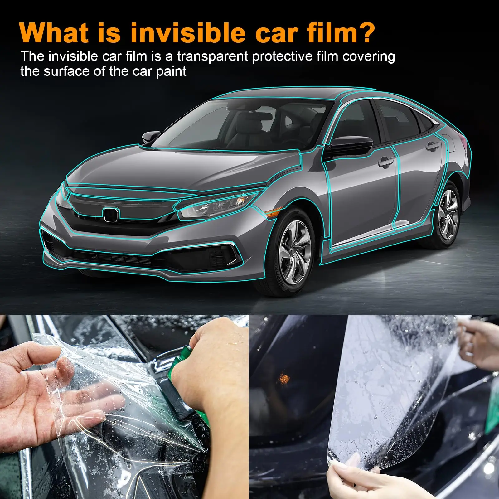 For Honda Civic 2019 2020 2021 9Mil TPU Pre-cut PPF Paint Protective Film Custom Anti Scratch Self-Healing Transparent view 2