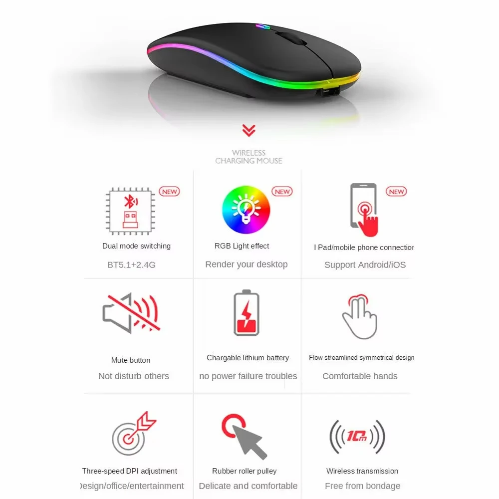 Rechargeable Bluetooth wireless mouse Mini wireless optical 1600DPI RGB wireless mouse suitable for laptop PC