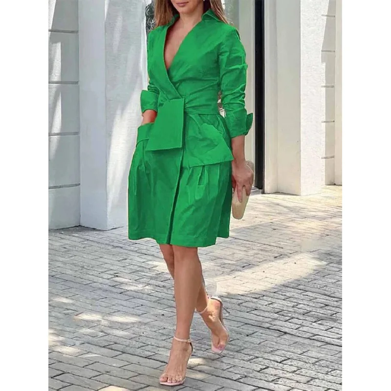 Women Solid V Neck Dress Full Sleeve Lace Up Midi Dresses A Line High Waist Casual Pockets Skirts Elegant Ladies Autumn