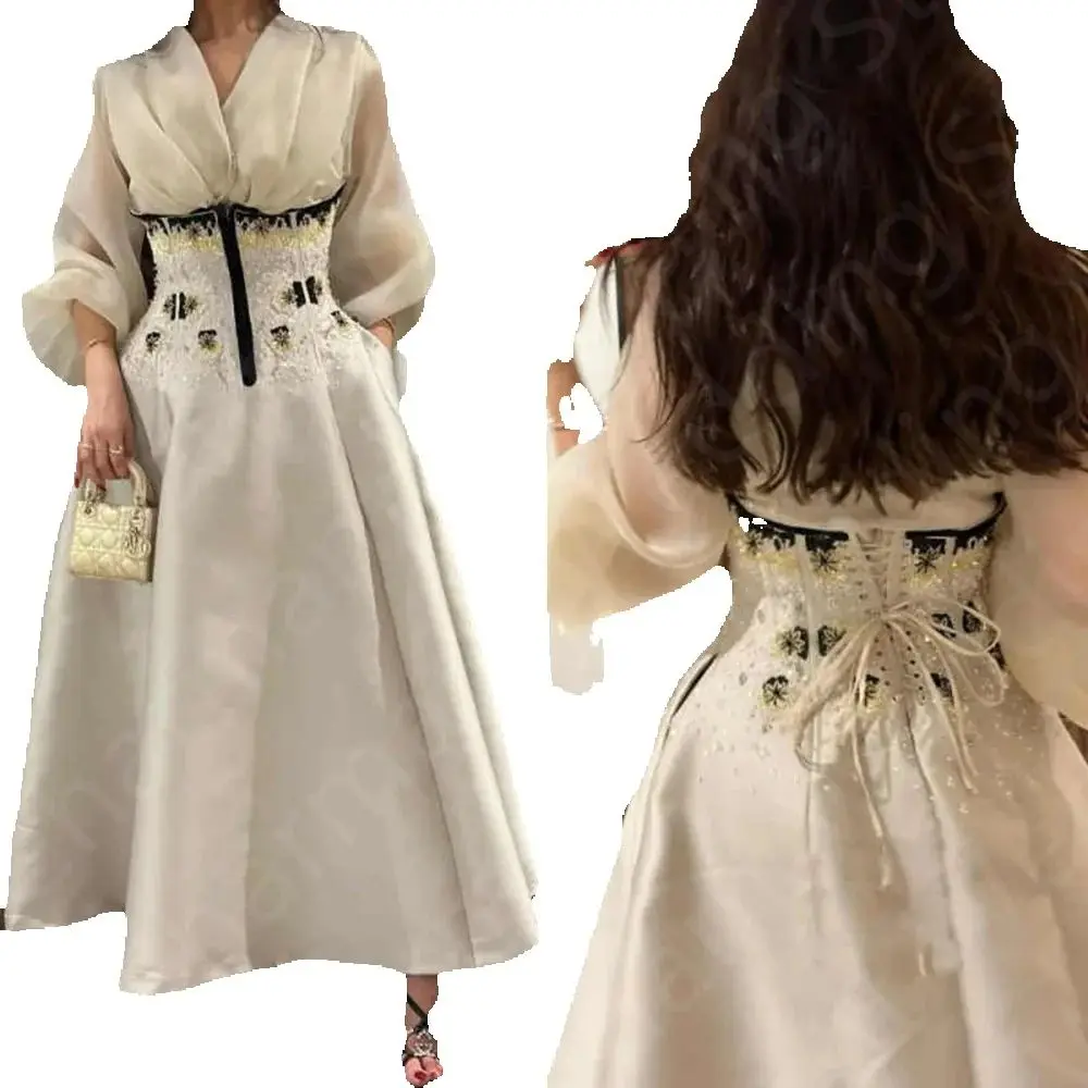 Customized Vintage Cream Prom Gowns 2025 Arabic Evening Dresses Beading Middle East V Neckline Wedding Party Gowns Lace Up Back