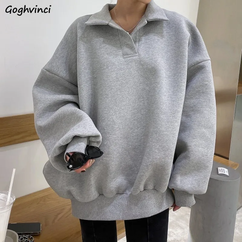 

Slouchy Hoodies Women Korean Style Loose All-match Coats Long Sleeve Solid Turn-down Collar Harajuku Y2k Sweatshirts Young Lady