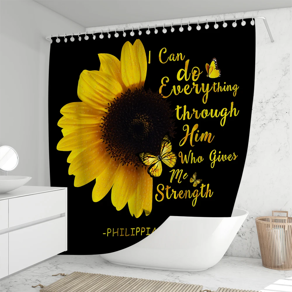 Sunflower shower curtain butterfly bathroom decoration with 12 plastic hooks