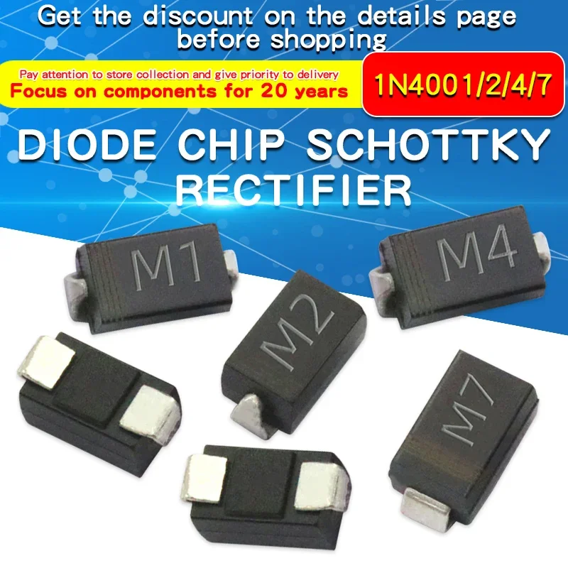 100Pcs SMD Fast Switching Schottky Diode Assorted Kit Set M7 1N4007 M4 1N4004 M1 1N4001 M2 1N4002 Schottky Diode Set Pack