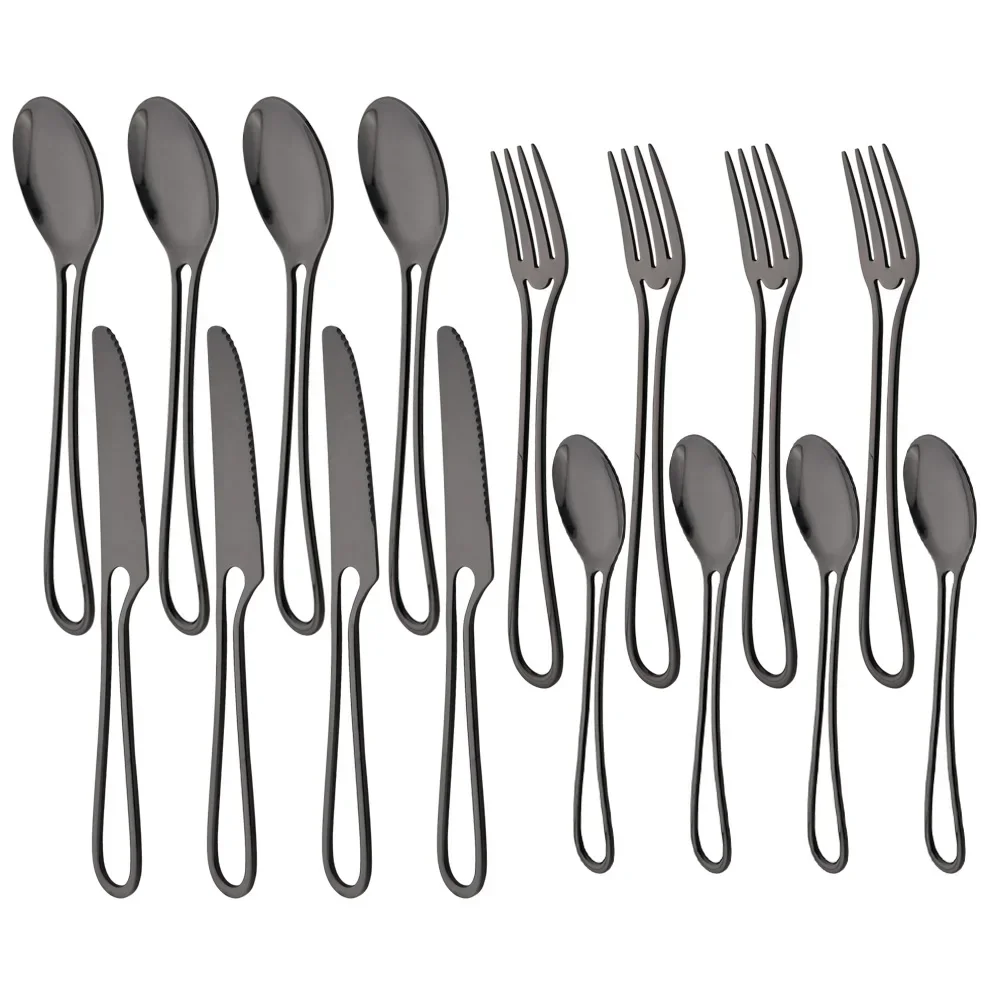 16Pcs Black Tableware Cutlery Stainless Steel Western Food Flatware Hollowed Out Handle Dinner Knife Fork Spoon Dinnerware Set