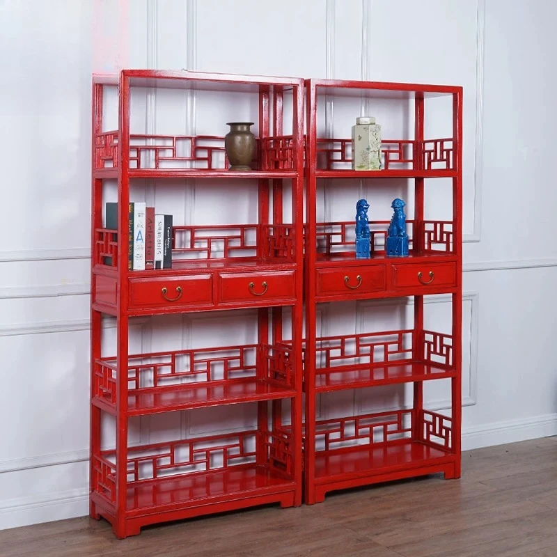 Chinese solid wood extremely narrow ultra-thin small mochi bookshelf old elm tea Bogu rack Internet celebrity creativity
