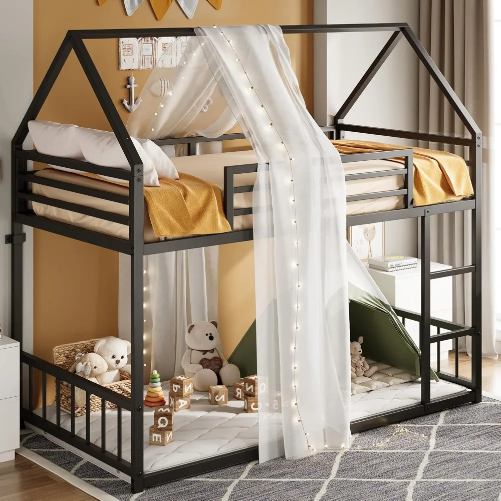 Bunk Bed Twin XL Over Twin XL, Metal Bunk Bed Frame with Ladder and Guardrail, House Shaped with Metal Slats for Dormito view 4
